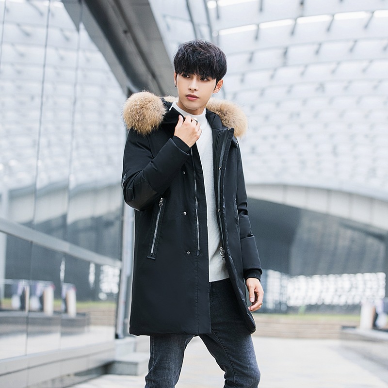 New winter thickened hooded slimming mid-sized down jacket for men, Korean youth fashion with a large fur collar, sent out 1780