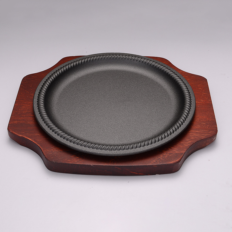 Factory direct sales of iron plate barbecue plates, Japanese-style round iron plates, thick-bottomed redwood grilled meat and steak plates, wholesale and customized logo details Picture