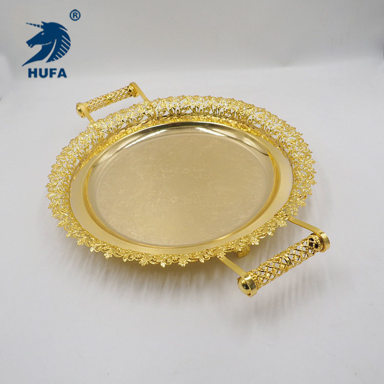 The new design features a circular golden metal tray for cups, teapots, storage trays, tableware and restaurant trays Application Scenario