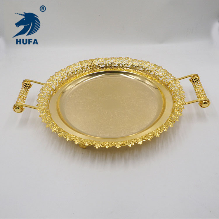 The new design features a circular golden metal tray for cups, teapots, storage trays, tableware and restaurant trays Item Picture
