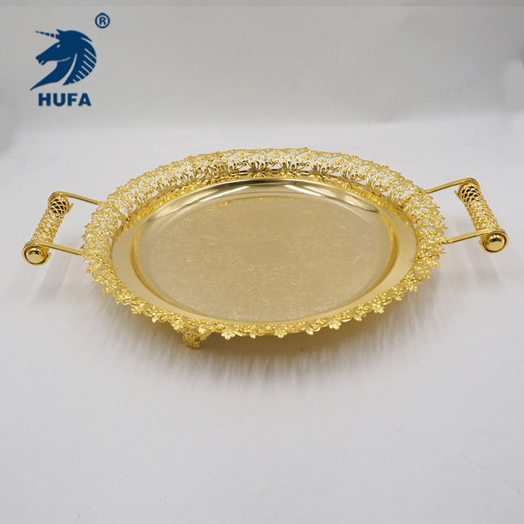 The new design features a circular golden metal tray for cups, teapots, storage trays, tableware and restaurant trays Specification image
