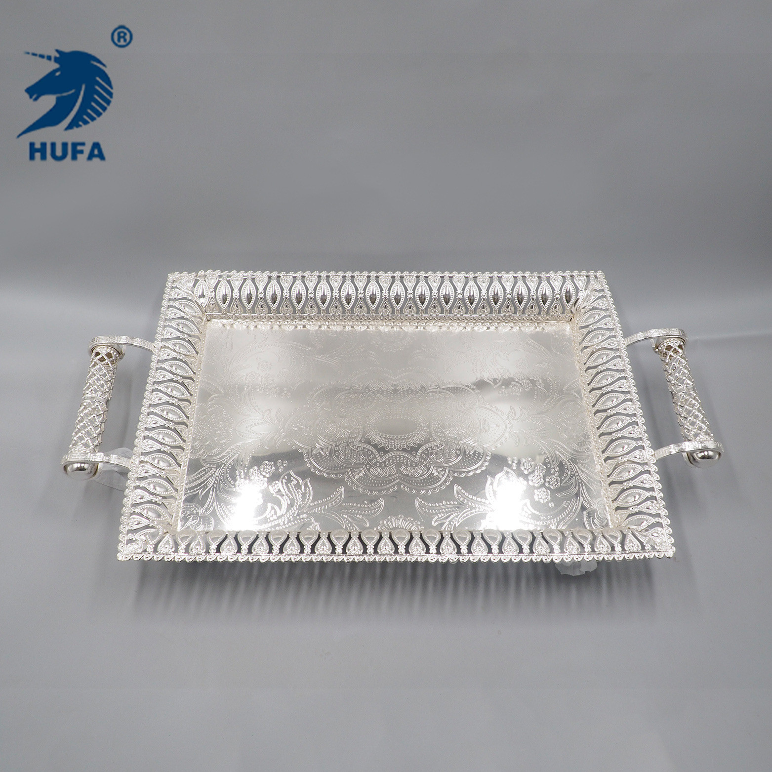 Silver and gold rectangular trays, metal square trays and iron food trays with handles details Picture
