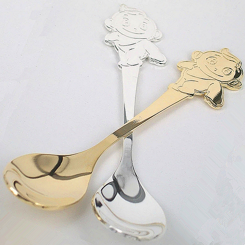High-quality stainless steel Atongmu children's spoons for Western cuisine, creative cartoon mirror-polished rice spoons, gold and silver JY61