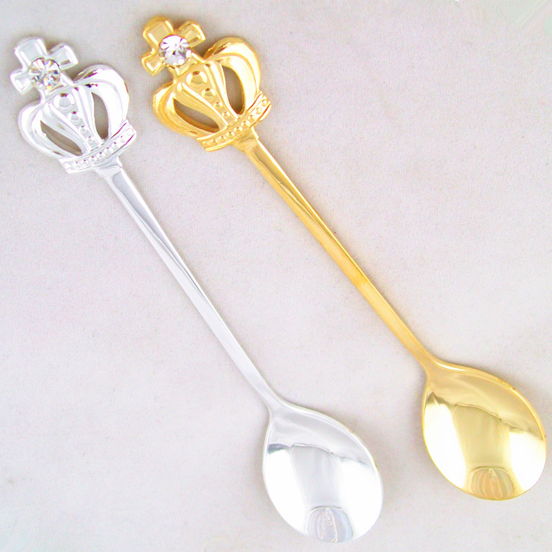 High-end stainless steel mirror-polished tableware, crown coffee spoon, retro dessert spoon, creative diamond mini tune, gold and silver set