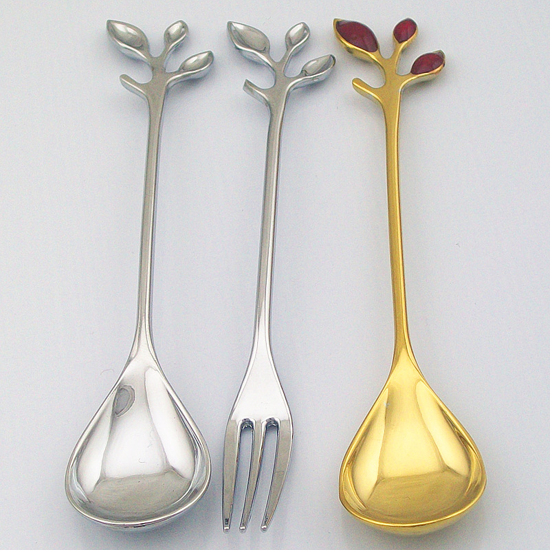 High-end three-dimensional leaf-handled mirror-light tableware, coffee spoon, 3-finger fruit fork, dessert spoon, small recipe, new gold and silver style
