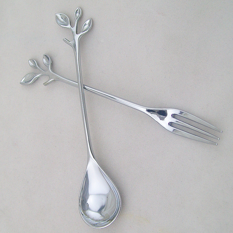 High-end three-dimensional leaf-handled mirror-light tableware, coffee spoon, 3-finger fruit fork, dessert spoon, small recipe, new gold and silver style Item Picture