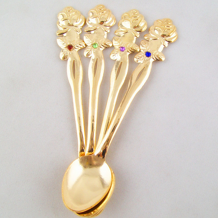 Stainless steel rose retro coffee spoon, creative gemstone dessert spoon, gold and silver ice cream spoon (JY73)