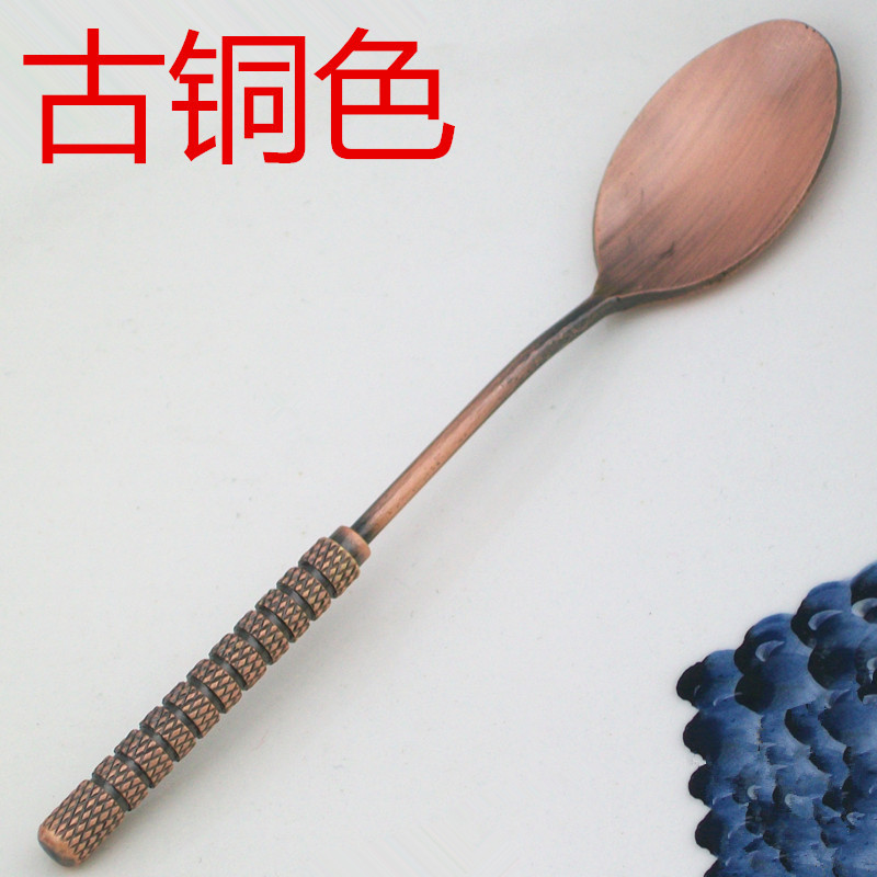 Stainless steel copper-tipped coffee spoon, retro gold, silver and red three-color dessert seasoning soup spoon, creative spoon for pastries and ice cream Specification image