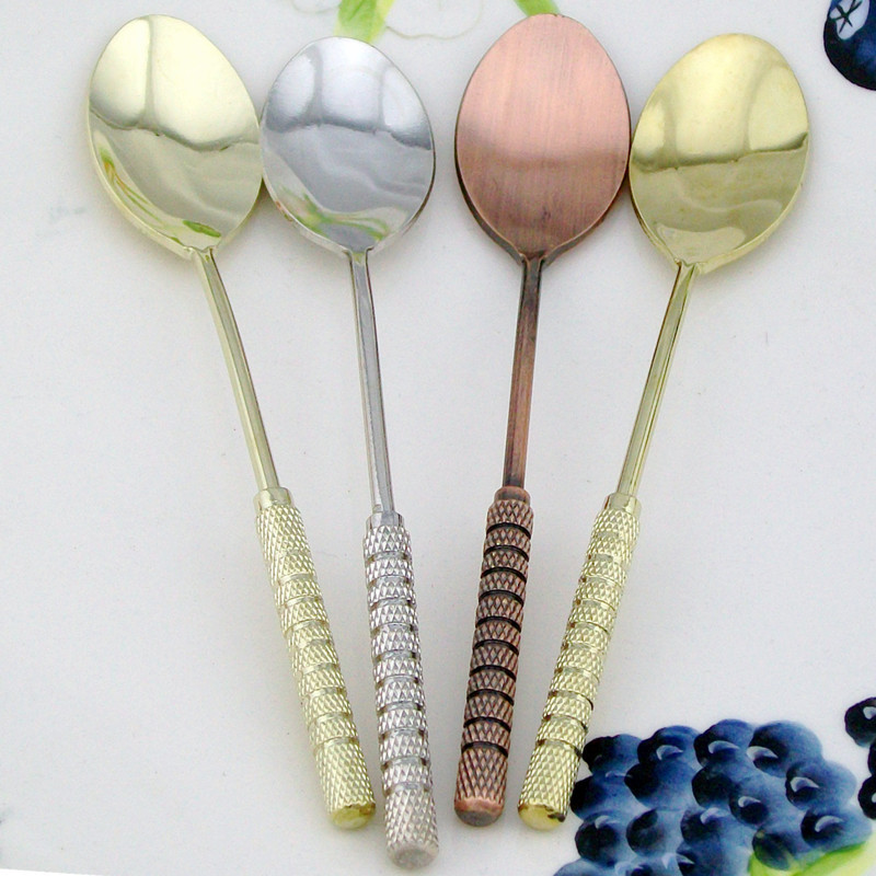 Stainless steel copper-tipped coffee spoon, retro gold, silver and red three-color dessert seasoning soup spoon, creative spoon for pastries and ice cream