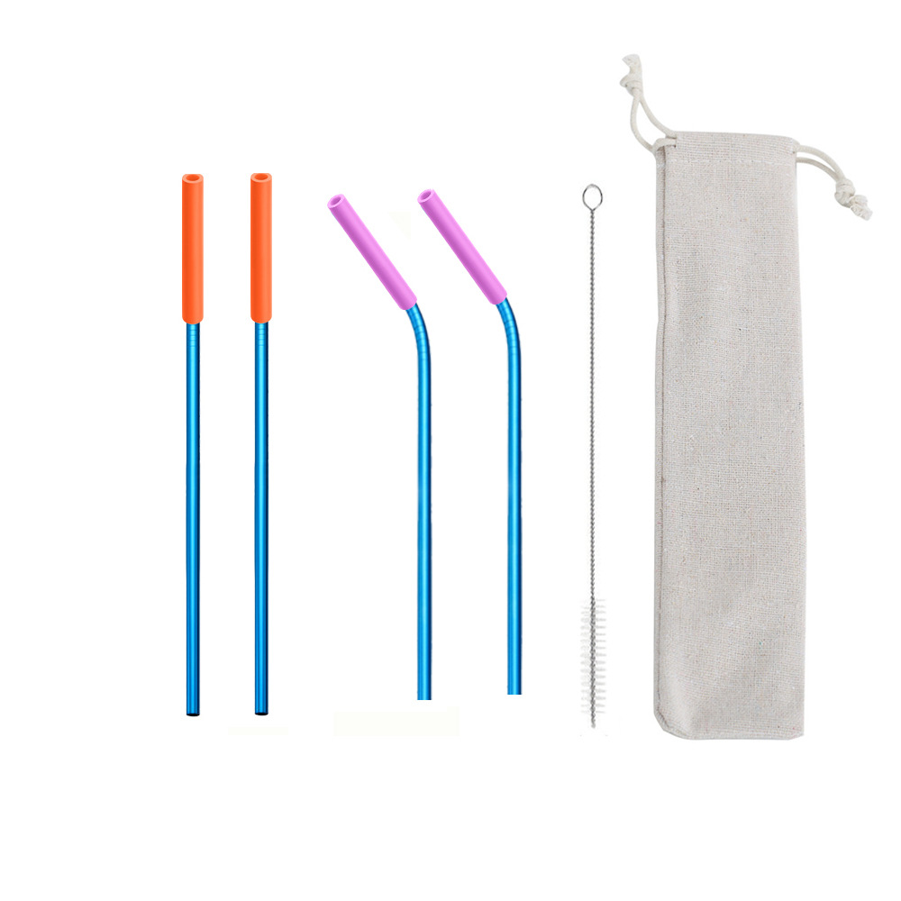 Cross-border exclusive food-grade 304 stainless steel straw set, environmentally friendly, easy to clean, flexible blue straws wholesale, portable, easy to clean, reusable stainless steel straws can be equipped with velvet bags for outdoor and household use details Picture