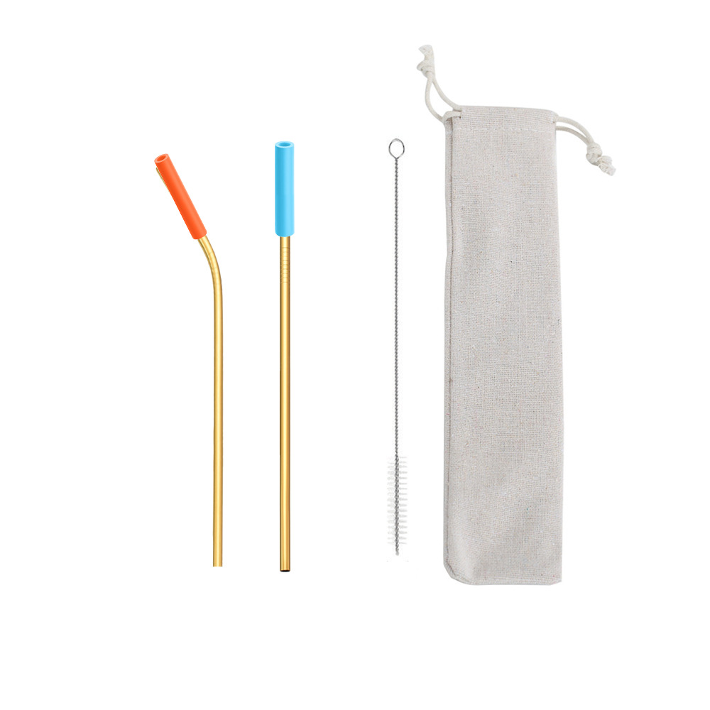 SWENO portable, easy-to-clean, reusable, eco-friendly golden 304 stainless steel straw set in stock. Available with silicone spout, stainless steel eco-friendly straws, fabric bag, and colorful stainless steel straws