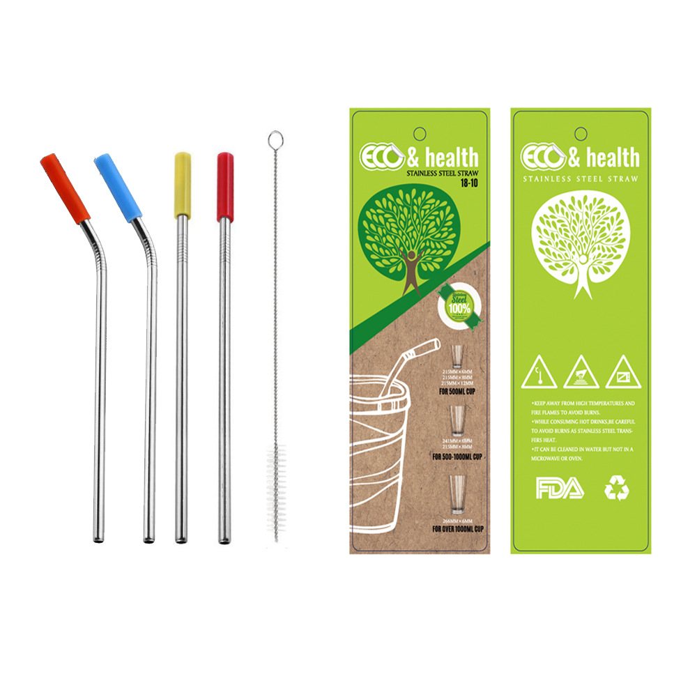 New stainless steel straw set with silicone head, food-grade scratch-resistant silicone head 304 stainless steel straw, juice long stirring straw, elbow straw, straight head straw, with straw brush suction card packaging details Picture