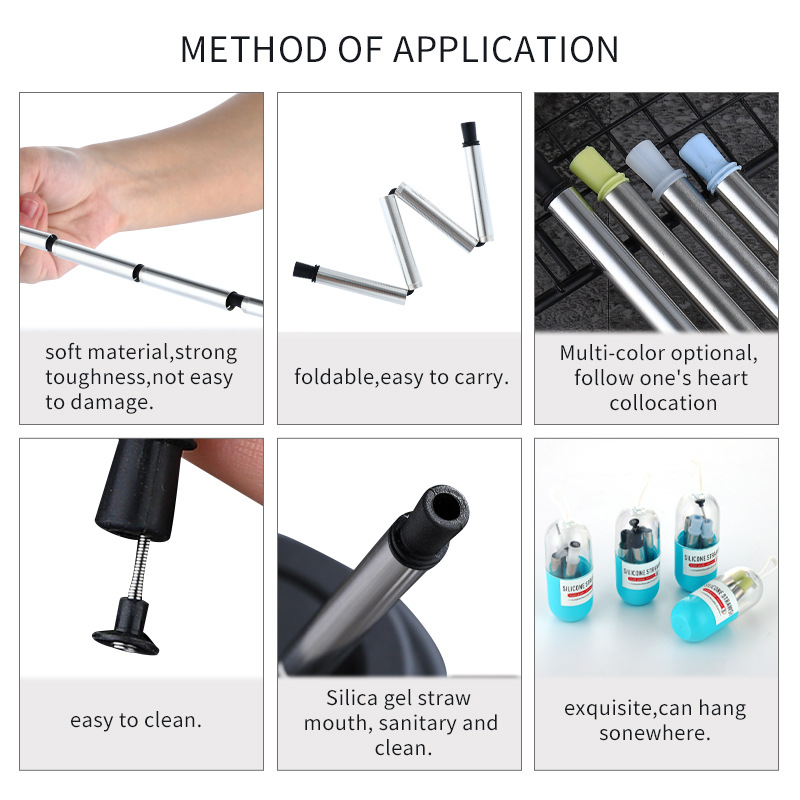SWENO folding silicone straws, 304 stainless steel straws, straw sets, eco-friendly portable capsules, 304 stainless steel silicone foldable straws, portable outdoor products, home use details Picture