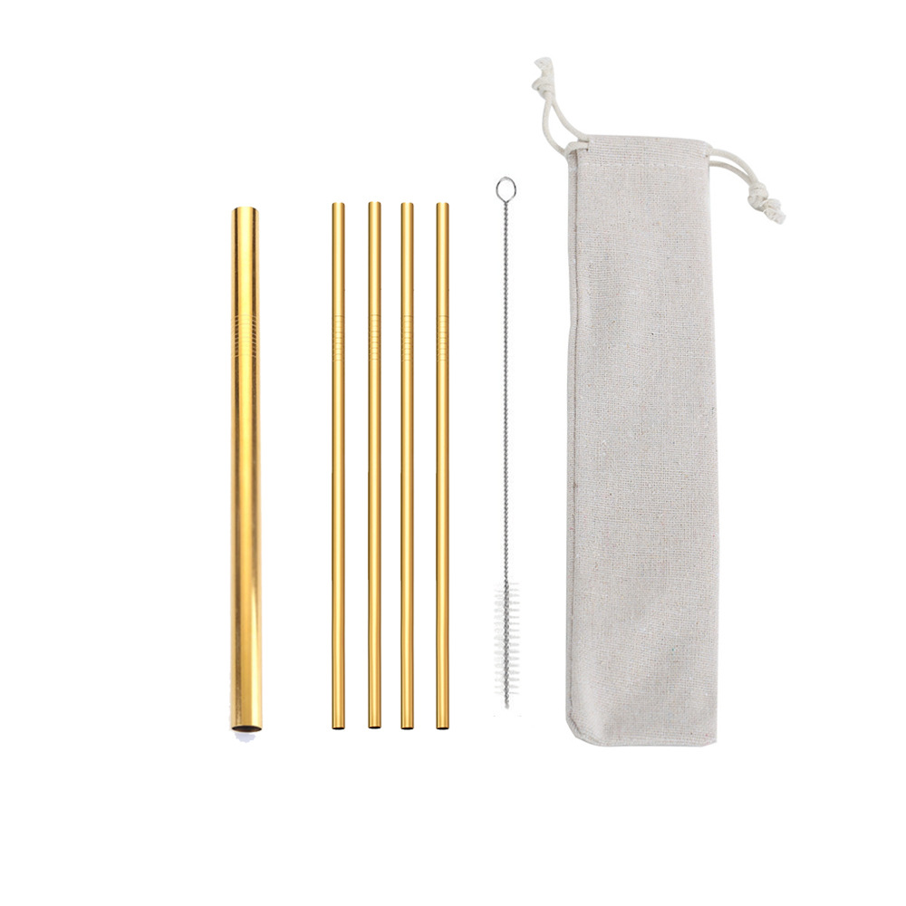 SWENO portable, easy-to-clean, reusable, eco-friendly golden 304 stainless steel straw set in stock. Available with silicone spout, stainless steel eco-friendly straws, fabric bag, and colorful stainless steel straws Specification image