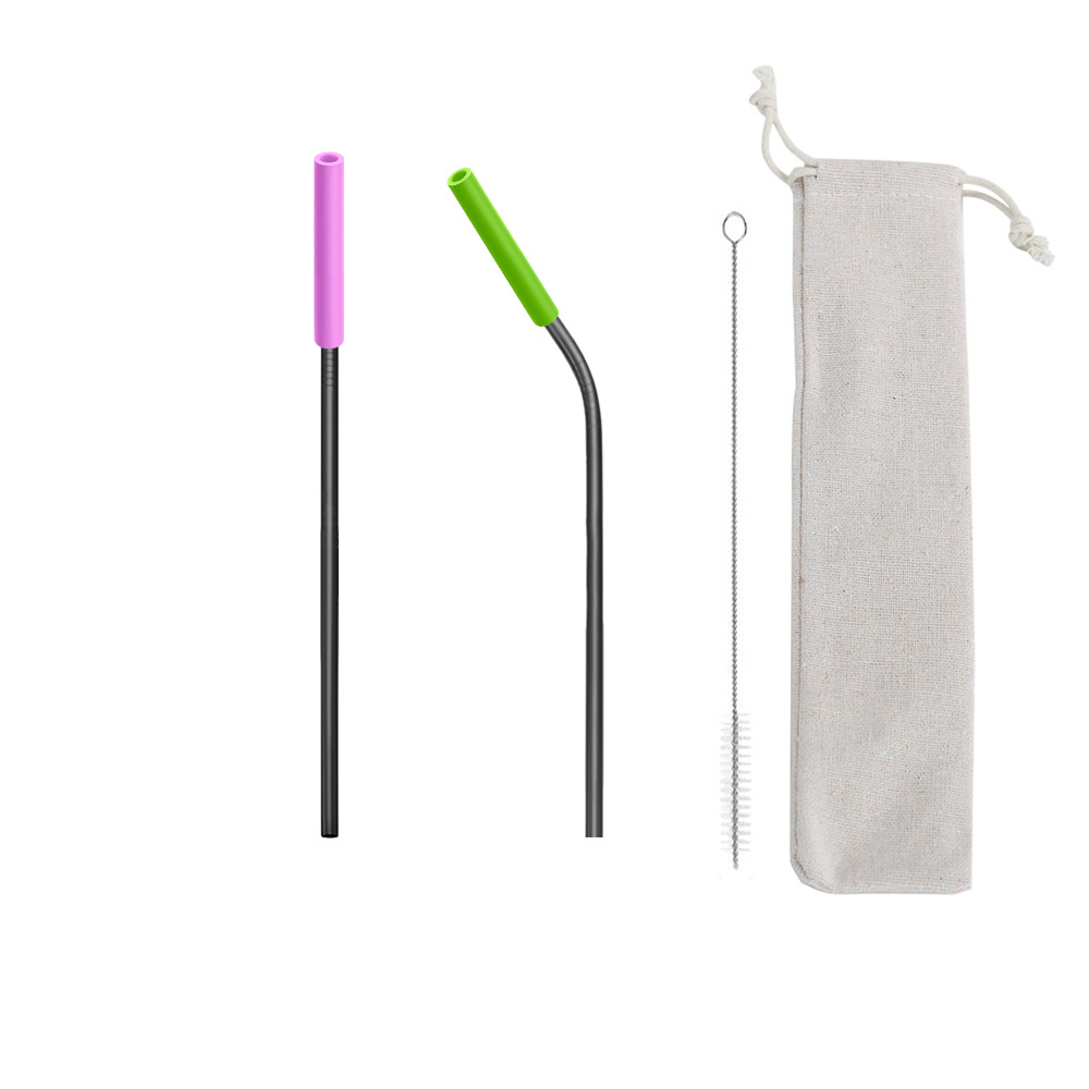 304 stainless steel straw set for beverages, milk tea and coffee, flexible and eco-friendly black straw set, stainless steel straw sleeve with straw brush and velvet bag, juice straw, beverage straw, gold-plated straw