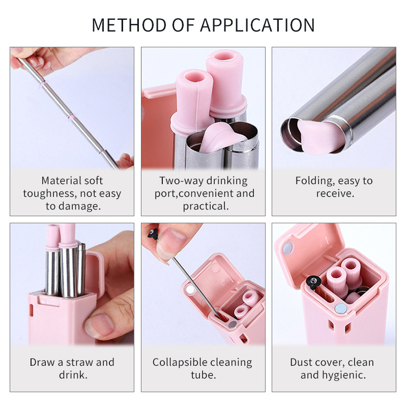 SWENO 304 stainless steel straws, cross-border portable extendable and foldable straws, food-grade silicone straws, outdoor foldable straws, portable foldable straws with straw brushes, juice straws