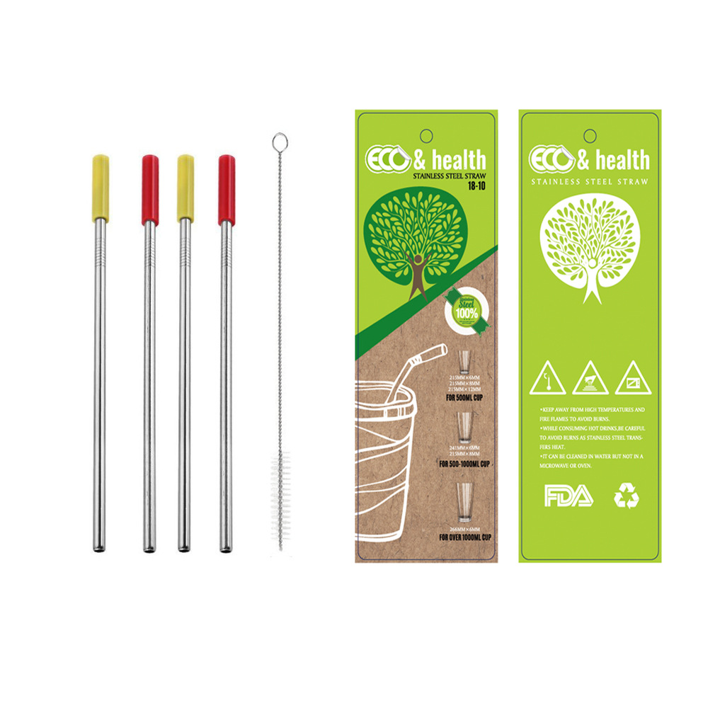 New stainless steel straw set with silicone head, food-grade scratch-resistant silicone head 304 stainless steel straw, juice long stirring straw, elbow straw, straight head straw, with straw brush suction card packaging Specification image