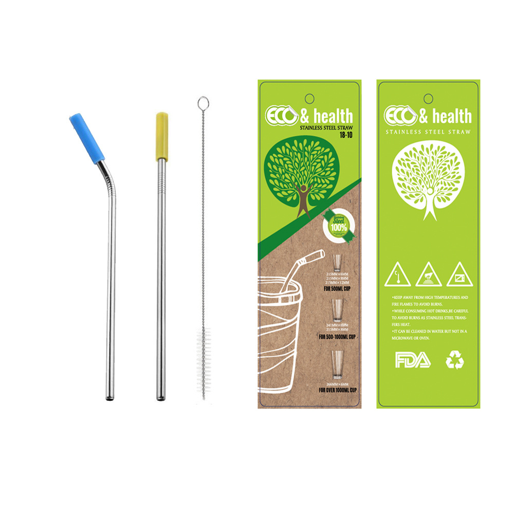 New stainless steel straw set with silicone head, food-grade scratch-resistant silicone head 304 stainless steel straw, juice long stirring straw, elbow straw, straight head straw, with straw brush suction card packaging