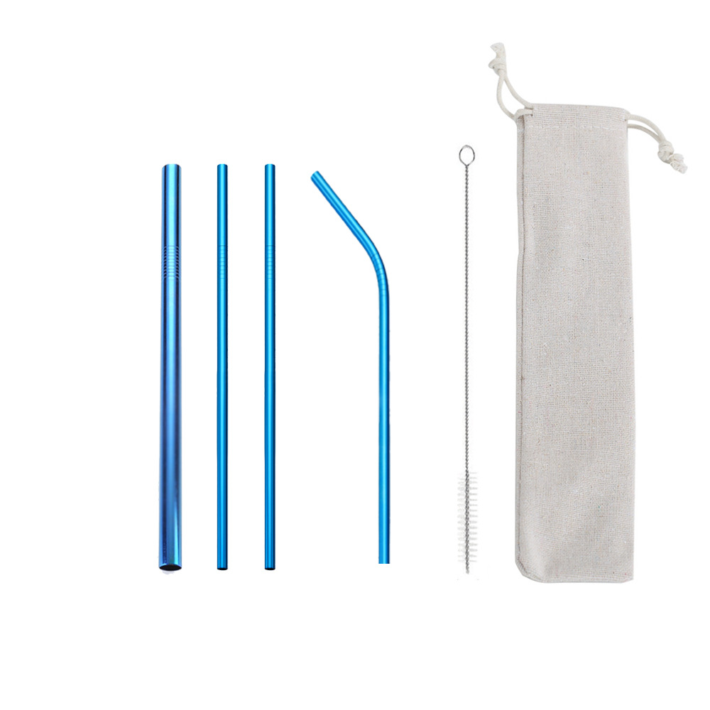 Cross-border exclusive food-grade 304 stainless steel straw set, environmentally friendly, easy to clean, flexible blue straws wholesale, portable, easy to clean, reusable stainless steel straws can be equipped with velvet bags for outdoor and household use Item Picture