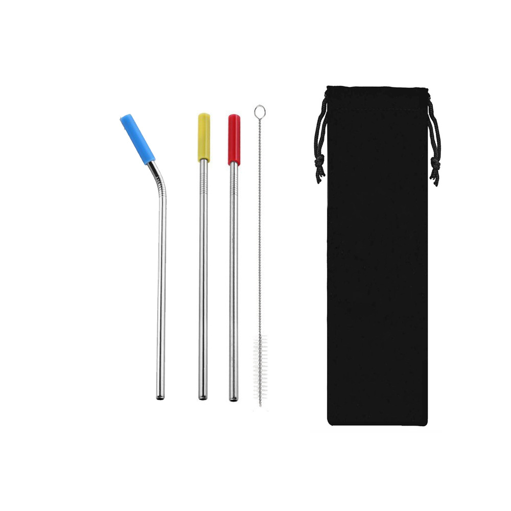 SWENO 304 stainless steel straws, silicone natural color black bag, folding eco-friendly straw set in stock, portable, easy to clean, reusable, eco-friendly stainless steel straws, outdoor household straws Item Picture