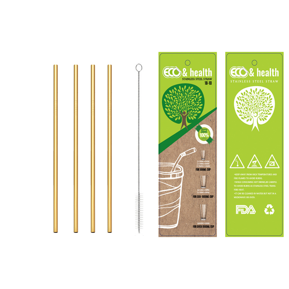 Factory direct sales 304 gold stainless steel straws for cold drinks, milk tea and coffee, reusable eco-friendly straw sets, portable and easy to clean, reusable stainless steel straws for outdoor, home use, bars and hotels. Specification image