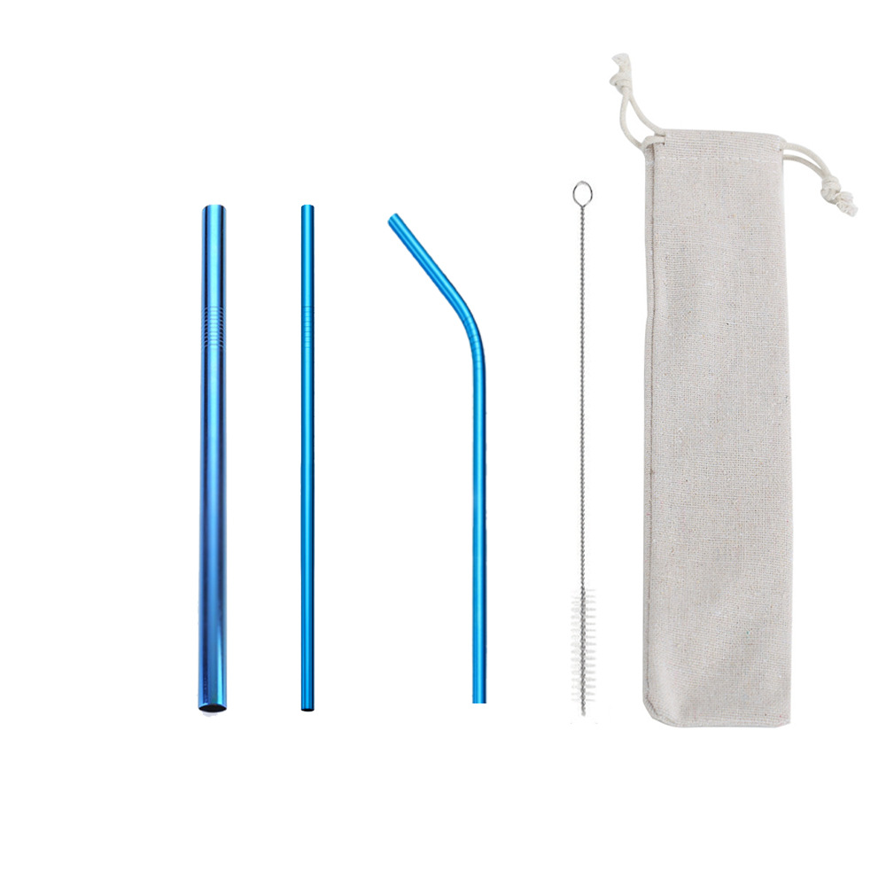 Cross-border exclusive food-grade 304 stainless steel straw set, environmentally friendly, easy to clean, flexible blue straws wholesale, portable, easy to clean, reusable stainless steel straws can be equipped with velvet bags for outdoor and household use Specification image