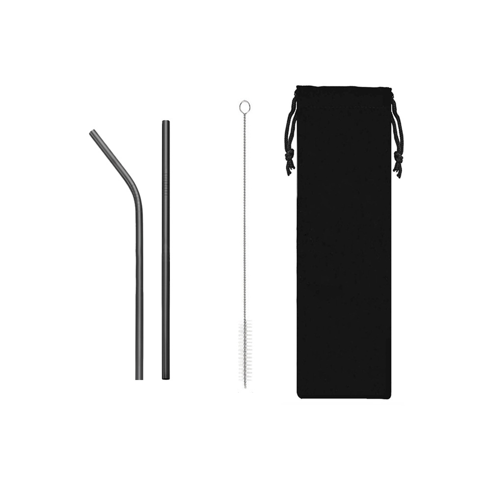SWENO Portable 304 stainless steel straw, black velvet bag, black set, business gift, direct sales, portable, easy to clean, reusable stainless steel straw, outdoor, household and hotel supplies Item Picture
