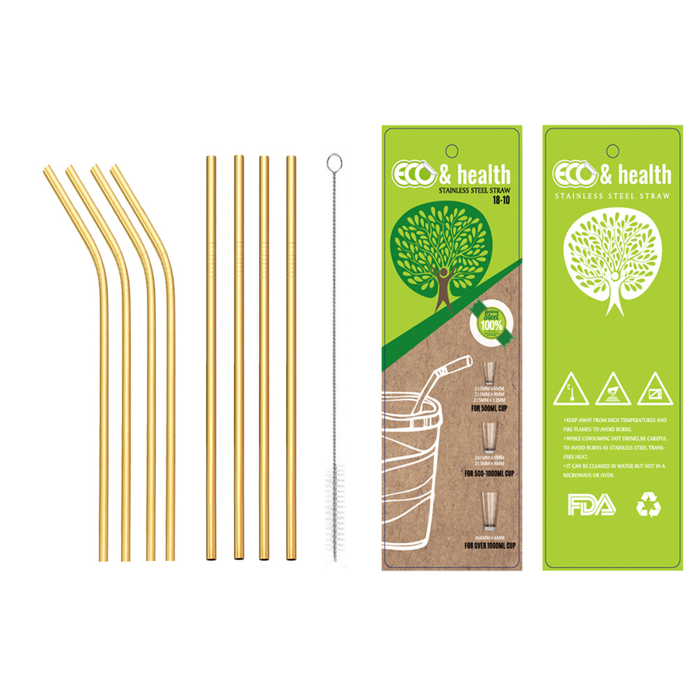 Factory direct sales 304 gold stainless steel straws for cold drinks, milk tea and coffee, reusable eco-friendly straw sets, portable and easy to clean, reusable stainless steel straws for outdoor, home use, bars and hotels. Item Picture