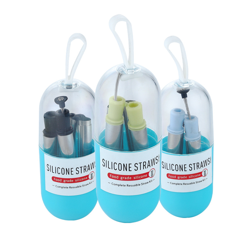 SWENO folding silicone straws, 304 stainless steel straws, straw sets, eco-friendly portable capsules, 304 stainless steel silicone foldable straws, portable outdoor products, home use Item Picture