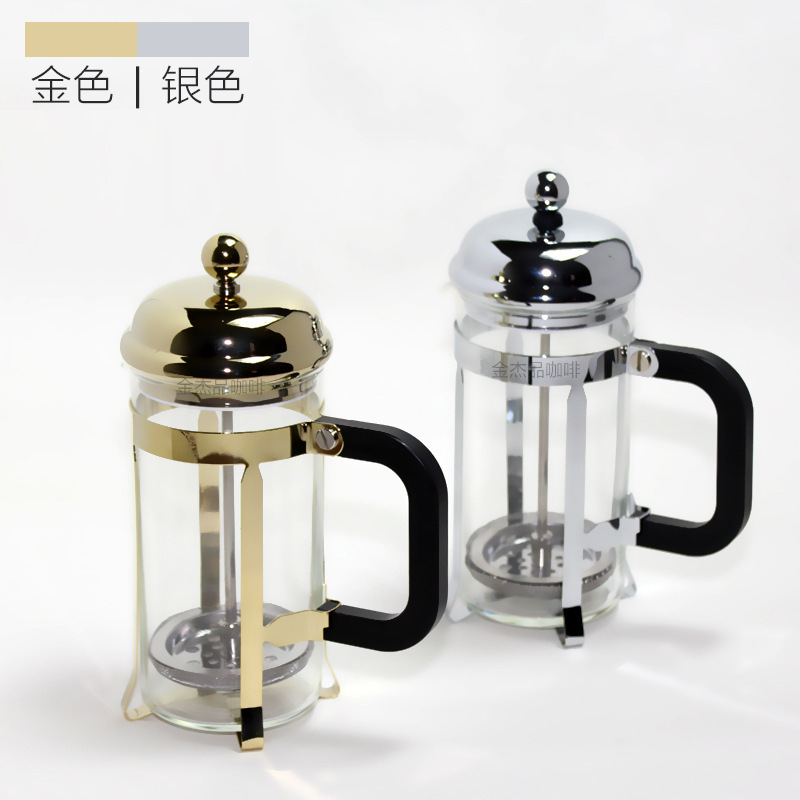 French press coffee maker/Glass French filter press coffee maker/heat-resistant coffee maker, silver titanium gold plated, 350cc filter press glass French press coffee utensils details Picture