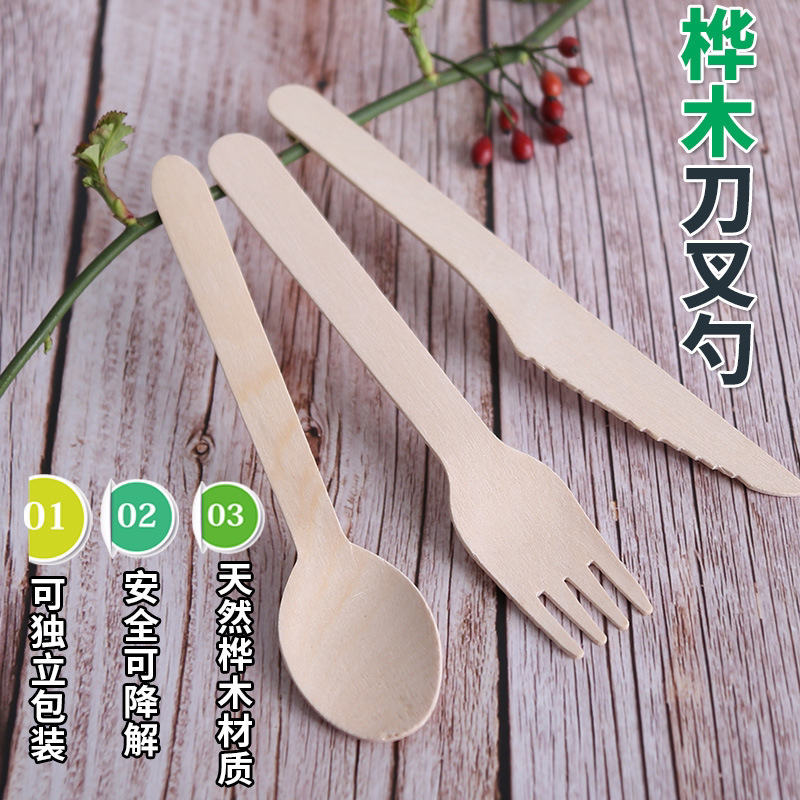 Birch wood knives, forks, spoons, wooden tableware, disposable knives, forks, spoons, creative portable spoons, wooden long-handled dining spoons details Picture