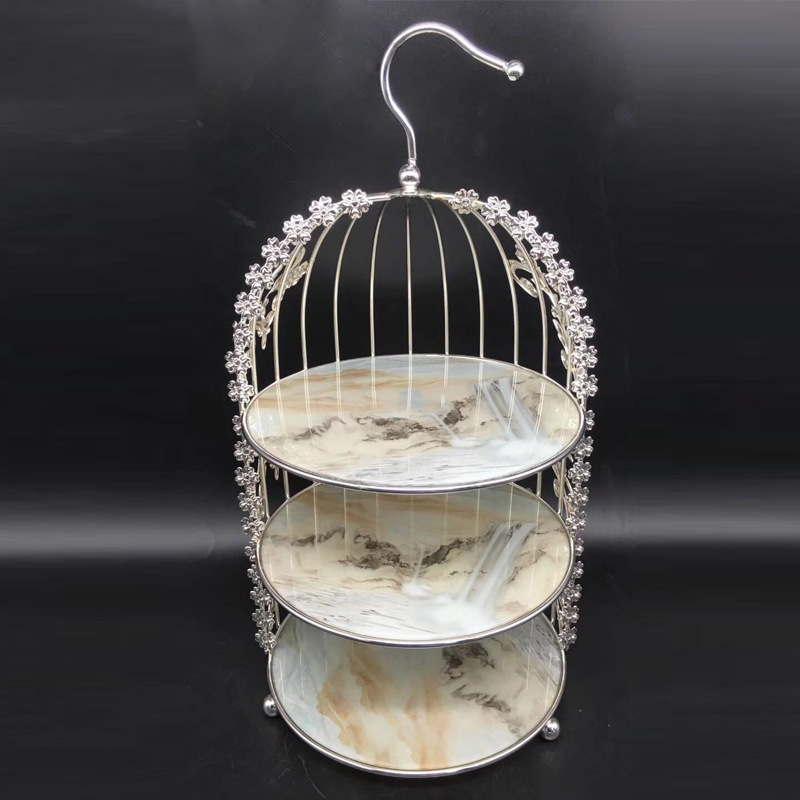 Chinese restaurant coffee shop, golden three-story, two-story birdcage pastry rack, mountain ink-wash painting style glass plate, D27cm details Picture
