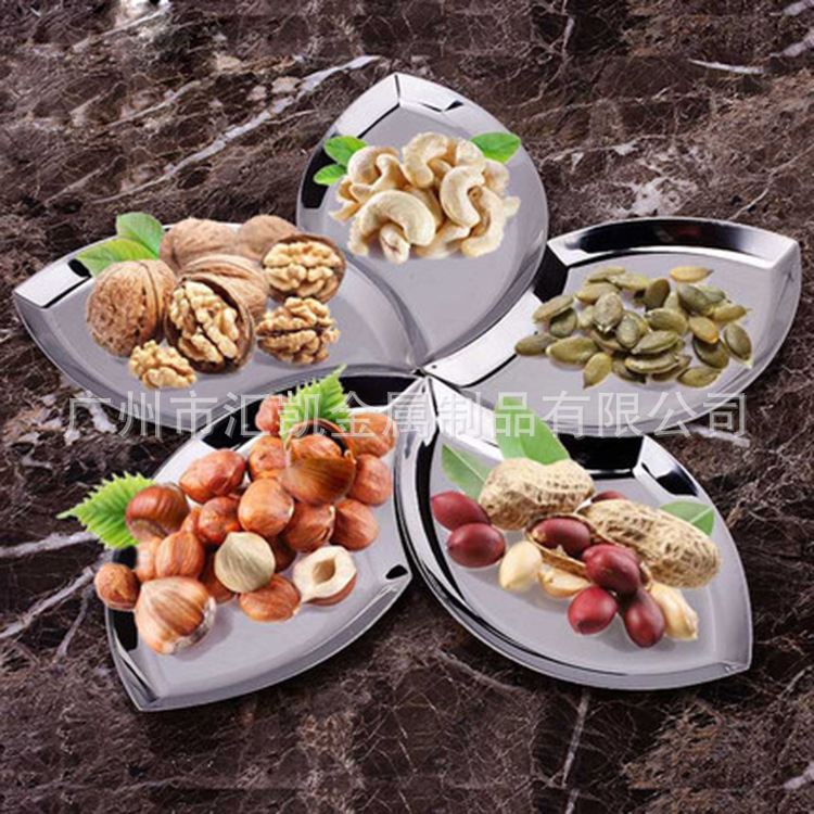 Thickened stainless steel plum blossom-shaped candy inventory, heart plate and fruit plate 5-piece set, European-style fashionable fruit plate and fruit plate details Picture
