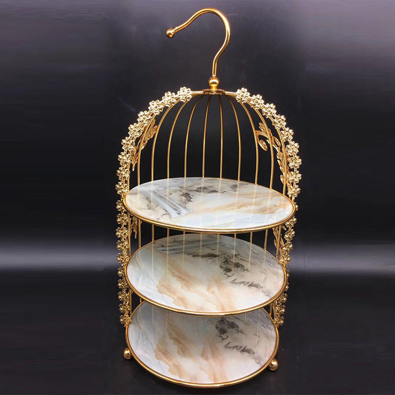Chinese restaurant coffee shop, golden three-story, two-story birdcage pastry rack, mountain ink-wash painting style glass plate, D27cm Application Scenario