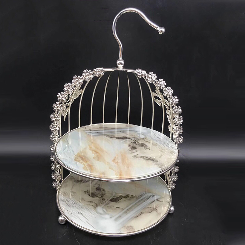 Chinese restaurant coffee shop, golden three-story, two-story birdcage pastry rack, mountain ink-wash painting style glass plate, D27cm