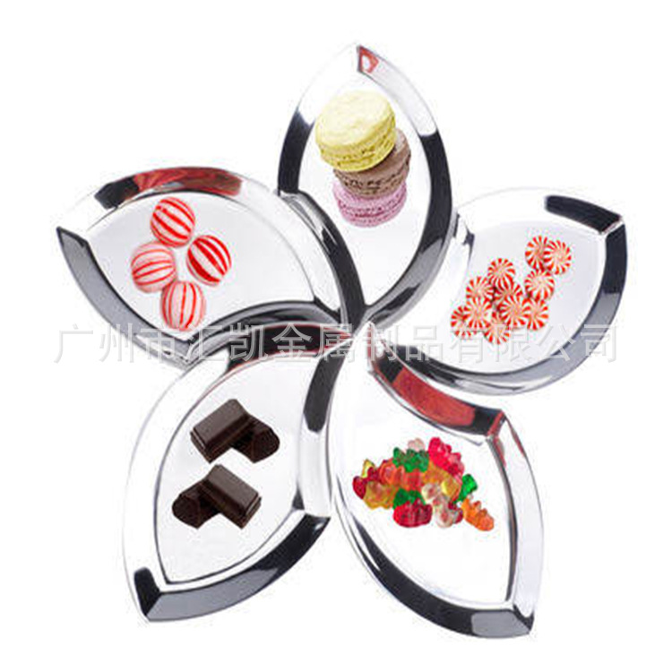 Thickened stainless steel plum blossom-shaped candy inventory, heart plate and fruit plate 5-piece set, European-style fashionable fruit plate and fruit plate