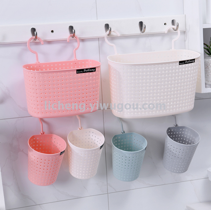 35823 Imitation rattan woven multi-functional draining storage basket, hollow bathroom and toilet storage basket, double-hook hanging basket