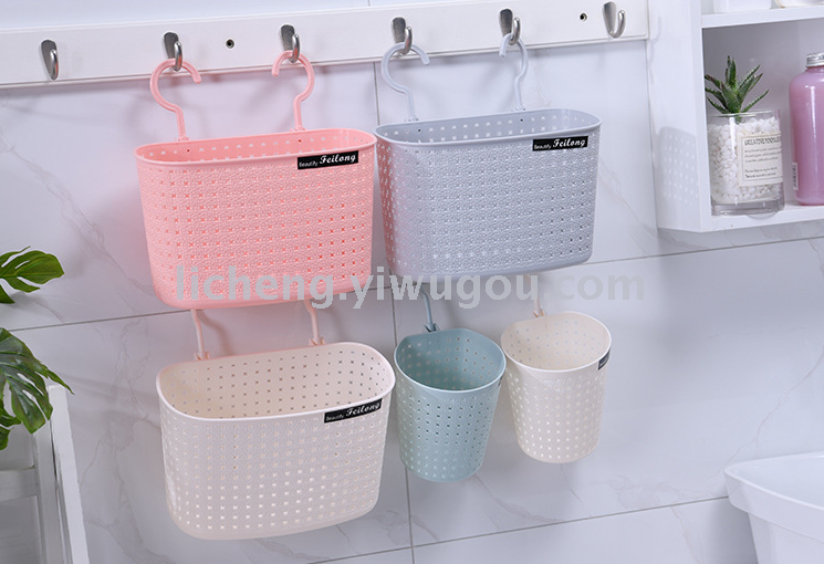 35823 Imitation rattan woven multi-functional draining storage basket, hollow bathroom and toilet storage basket, double-hook hanging basket details Picture