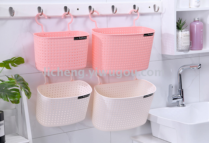 35823 Imitation rattan woven multi-functional draining storage basket, hollow bathroom and toilet storage basket, double-hook hanging basket Specification image