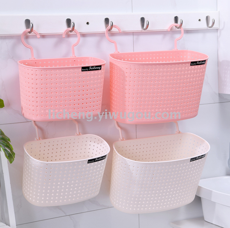 35823 Imitation rattan woven multi-functional draining storage basket, hollow bathroom and toilet storage basket, double-hook hanging basket Item Picture