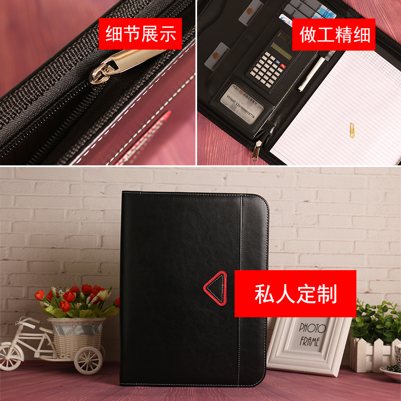 Wholesale of business office materials in stock, including calculator board clips, A4 leather manager folders, and custom logo folders Specification image