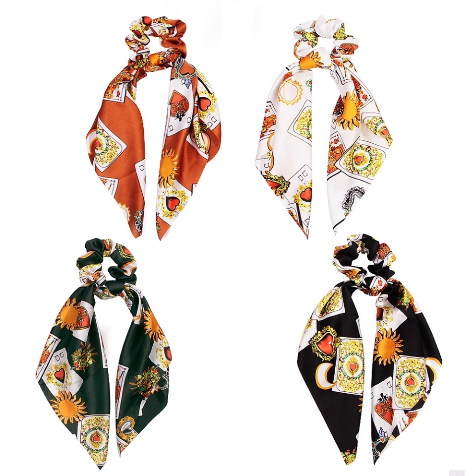 Cross-border best-selling European and American large-flower satin printed silk scarves, large intestine hair bands, ponytail hair accessories wholesale and customization Specification drawing