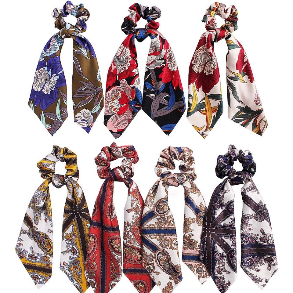Cross-border best-selling European and American large-flower satin printed silk scarves, large intestine hair bands, ponytail hair accessories wholesale and customization full figure