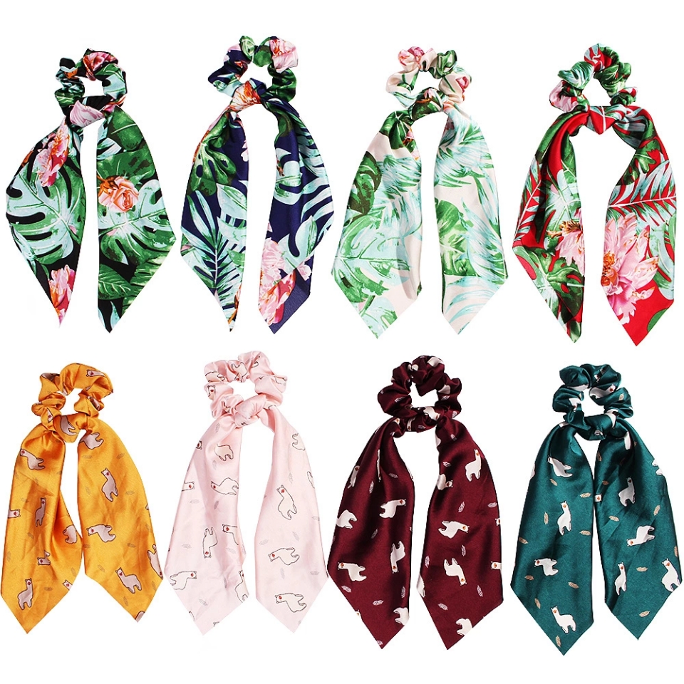 Cross-border best-selling European and American large-flower satin printed silk scarves, large intestine hair bands, ponytail hair accessories wholesale and customization Item Picture