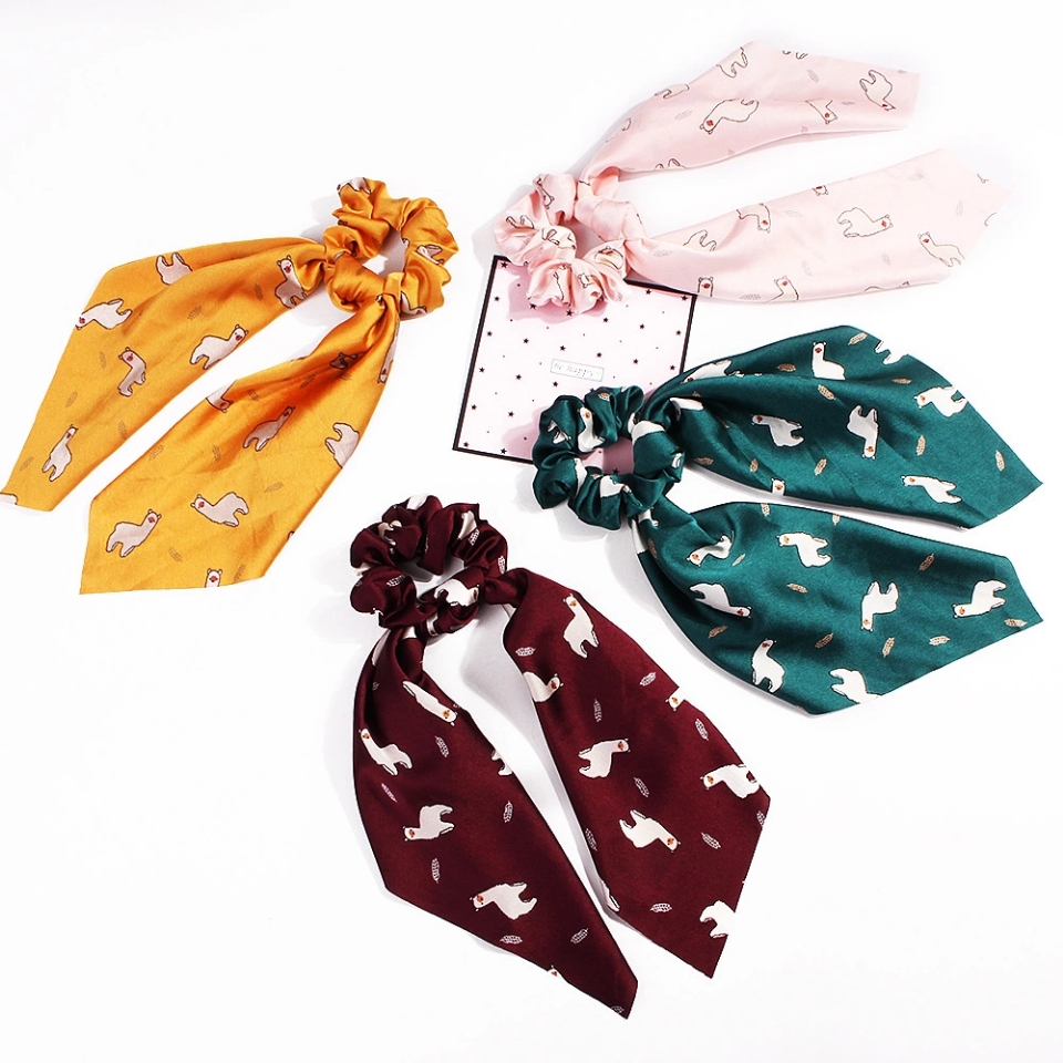 Cross-border best-selling European and American large-flower satin printed silk scarves, large intestine hair bands, ponytail hair accessories wholesale and customization details Picture
