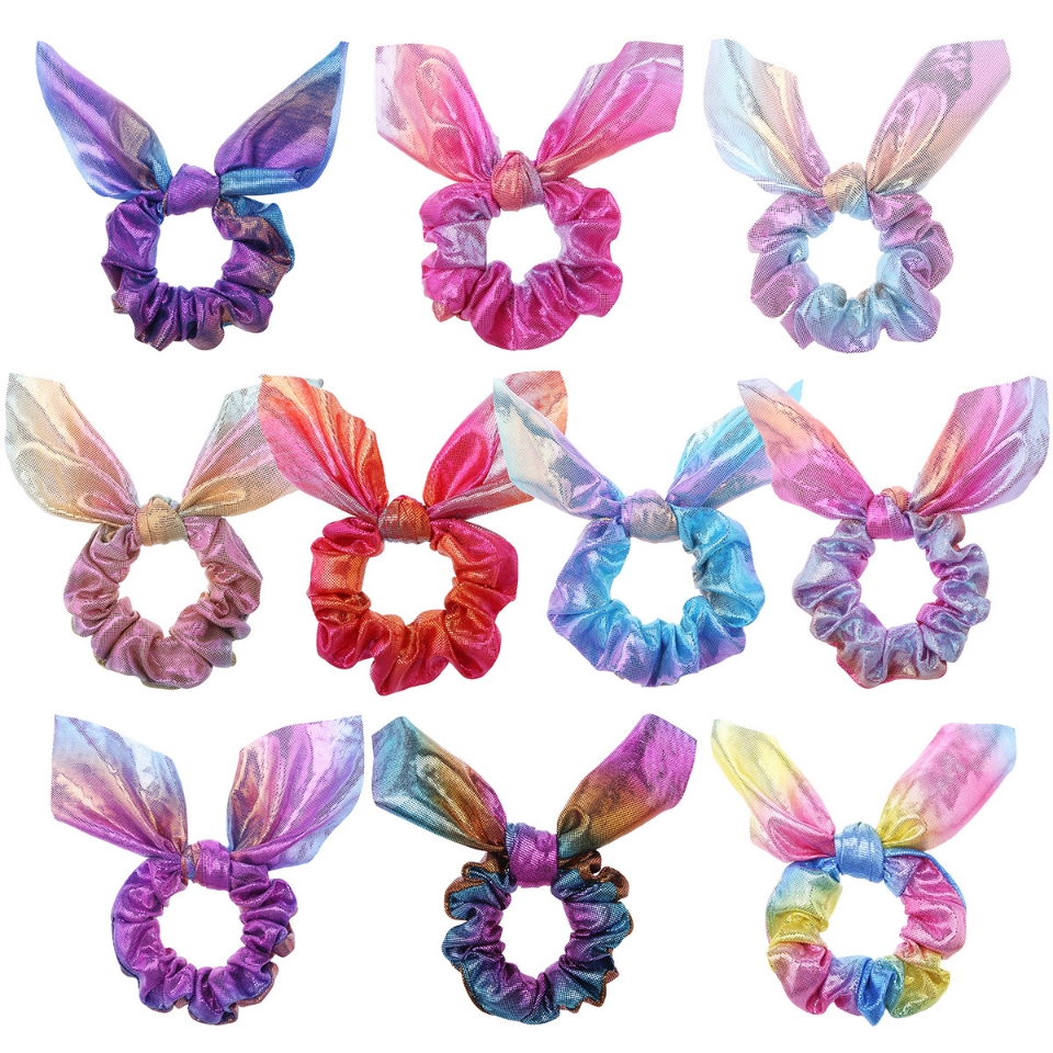 Amazon's best-selling gold-embossed rabbit ear small ribbon gradient laser simple European and American fashionable small intestine ring in 10 colors full figure