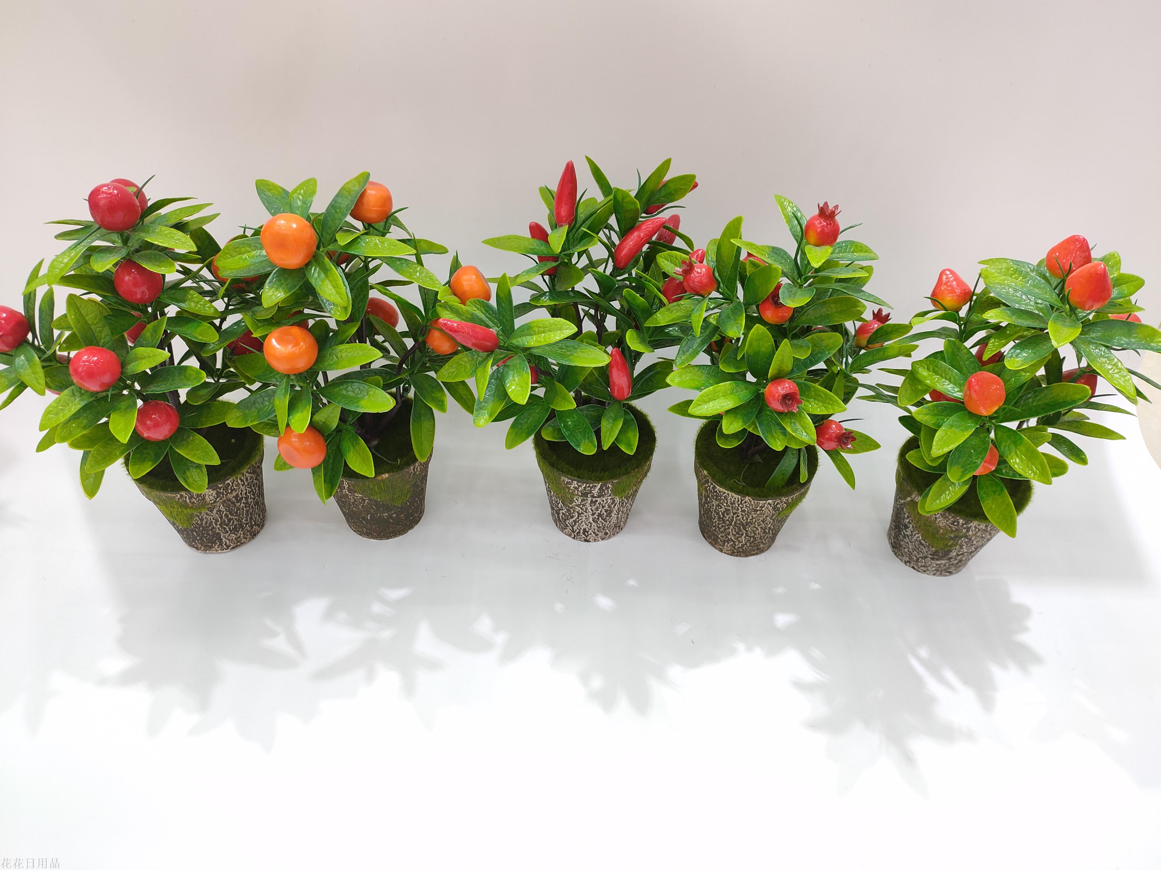 新款纸浆盆小叶水果混款仿真盆栽塑料花家居摆件装饰品