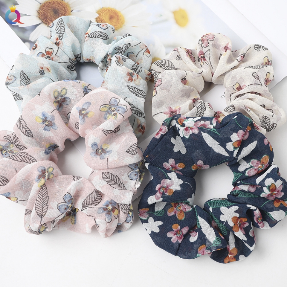 Qiyue Cross-border European and American Large Intestine Ring, chiffon floral fabric large intestine hair ring, ponytail tie, hair accessory and hair tie full figure