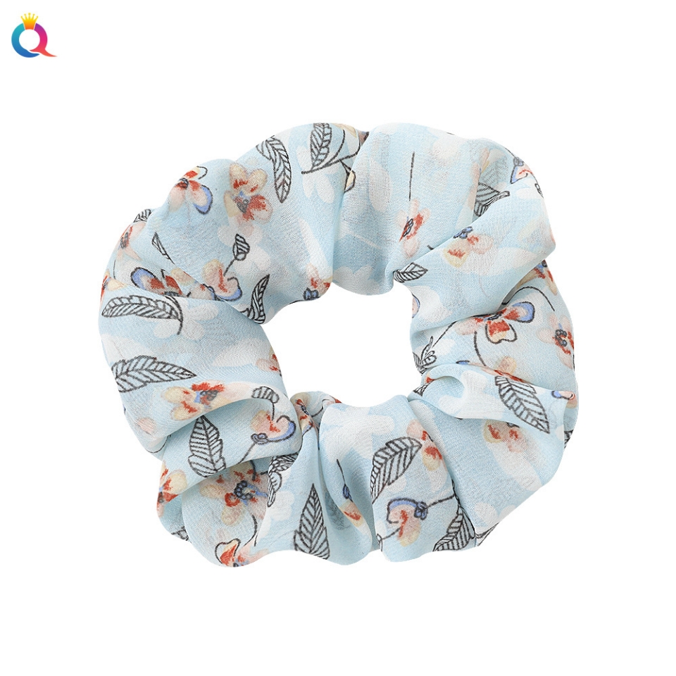 Qiyue Cross-border European and American Large Intestine Ring, chiffon floral fabric large intestine hair ring, ponytail tie, hair accessory and hair tie Application Scenario