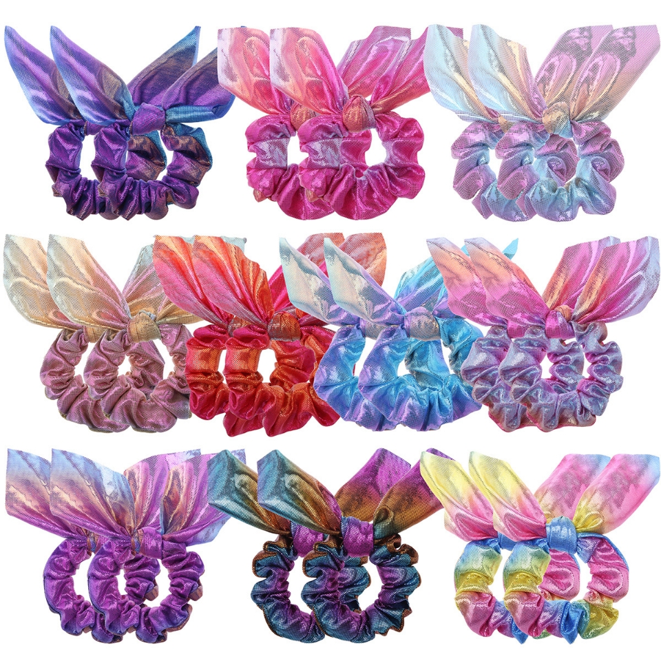 Amazon's best-selling gold-embossed rabbit ear small ribbon gradient laser simple European and American fashionable small intestine ring in 10 colors Application Scenario